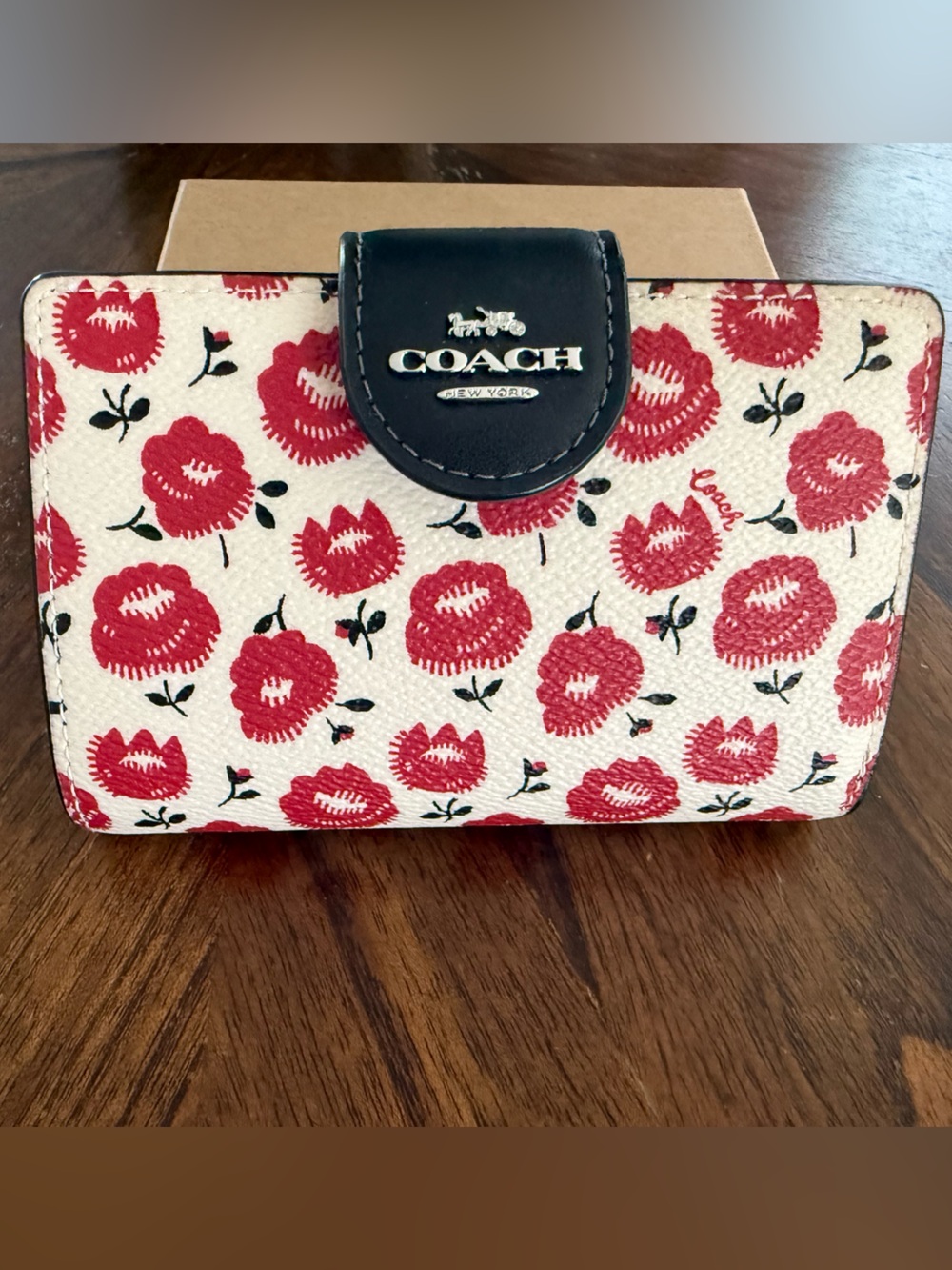 COACH Floral Print Wallet in White and Red with Black Trim- NWOT